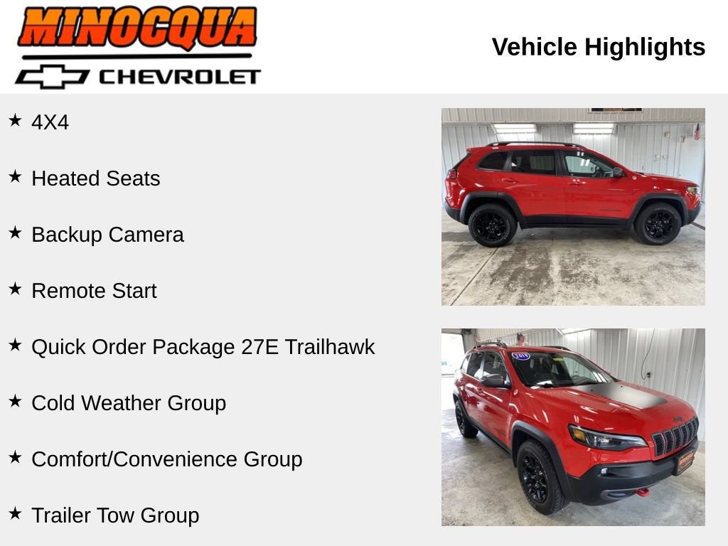 Used 2019 Jeep Cherokee Trailhawk with VIN 1C4PJMBX2KD369001 for sale in Minocqua, WI